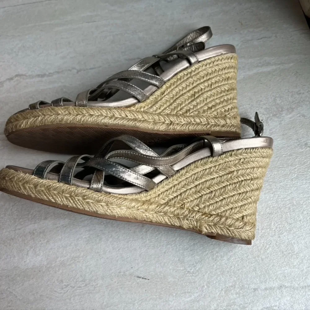 ** Cole Haan Strappy Silver Metallic Espadrille Wedge Sandals Size 8.5B